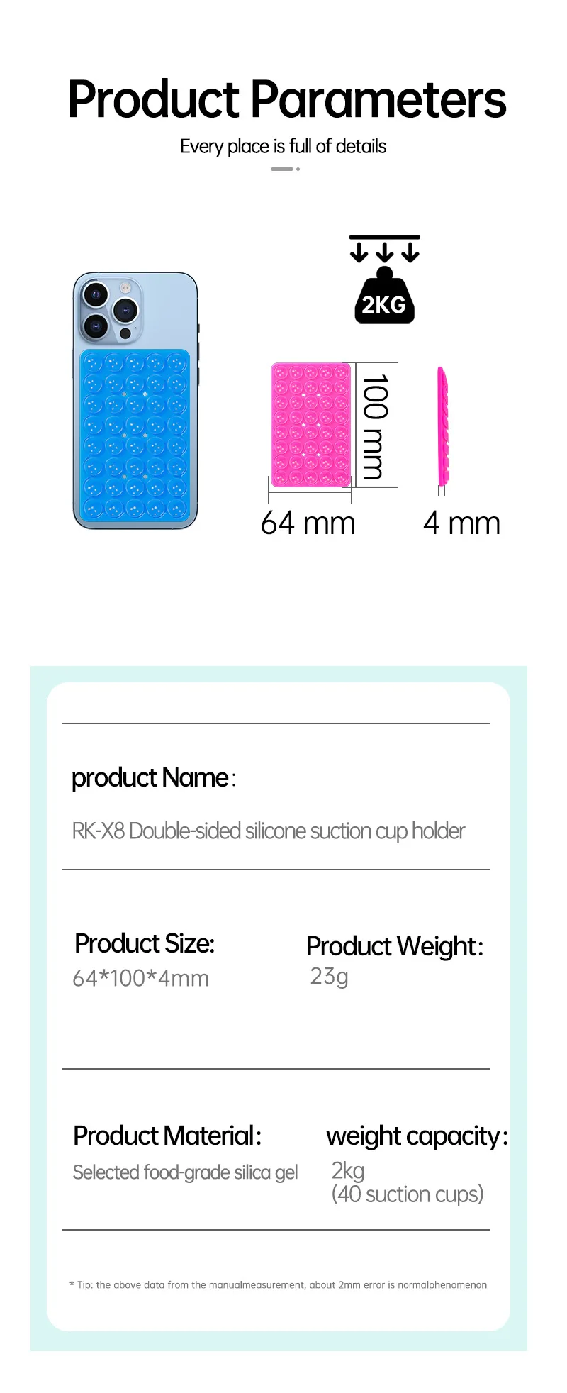 Doppelseitige Silikon-Saugnapf-Handyhülle mit abnehmbarem Ständer, Silikon-Gummi-Saugnapf-Pad für Selfies und Videos, Fixierpad – Detail 2