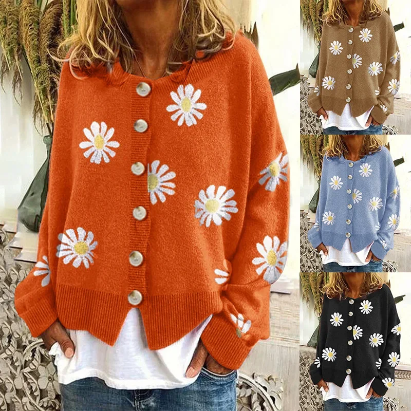 New Autumn and Winter Sweater for Women, Small Autumn Chrysanthemum Embroidery Knitted Cardigan