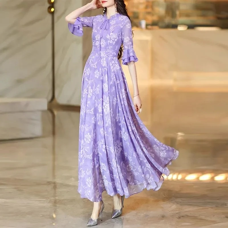 فستان نسائي صيفي جديد موديل 2025 بمزاجية ذات خصر عالٍ ونحيف نصف كم فستان شيفون أرجواني فاتح فرنسي مزين بالزهور #4