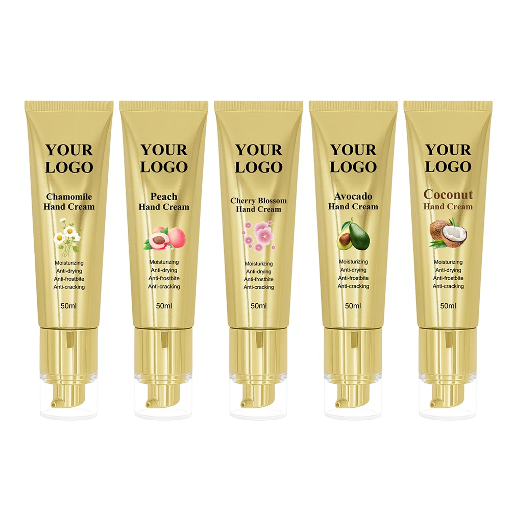 50ml-private-label-hand-cream-custom-logo-5-flavors-moisture-chamomile-smoothing-moist-anti-wrinkle-gold-package-makeup-vegan