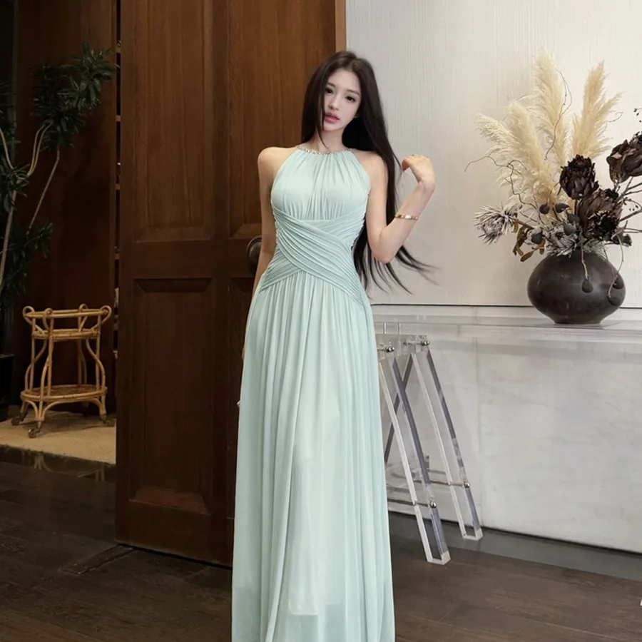 Sexy Neck Hanging Sleeveless Pleated Chest Pad Waist in Slim Backless Long Dress Women's Autumn New Style High Waist A-Line S...