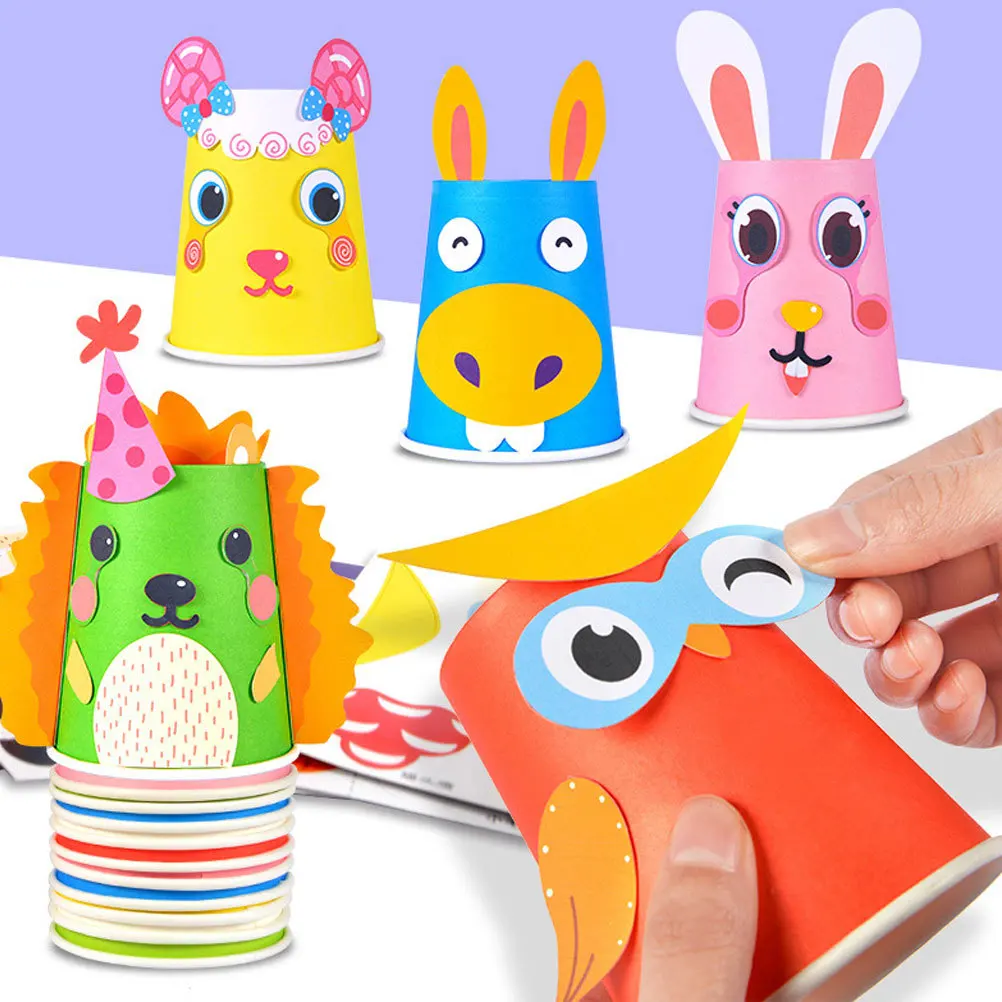 Bonito dos desenhos animados diy copo de papel arte kit 12 copos 10 cartões 1 fita dupla 1 cartão de referência durável seguro artesanato educacional