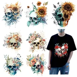Cartoon Punk Skull Flower Heat Transfer Fashion Iron Patch Clothing T-shirt DIY Hoodie Jacket Sticker DTF Patch Is Waterproof