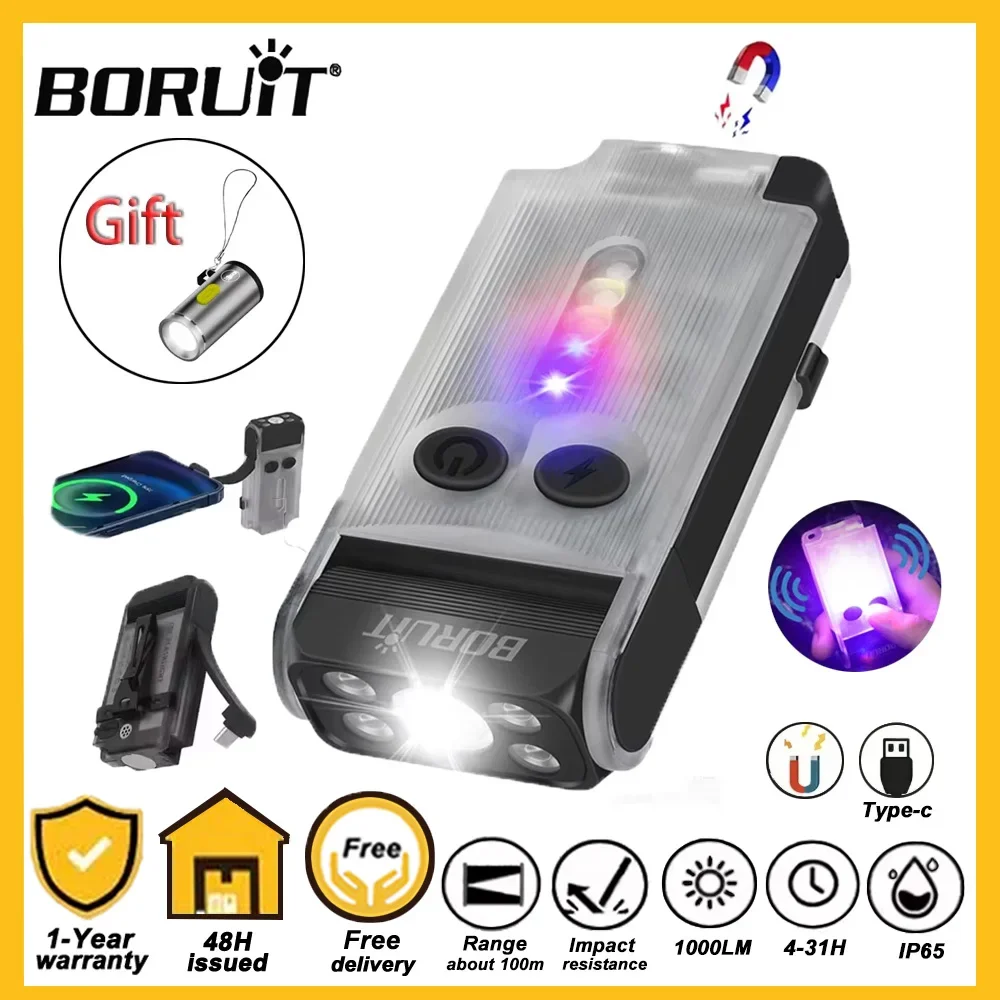 BORUiT V30 EDC LED Flashlight Keychain USB-C Rechargeable Power Bank with UV Light Magnetic Clip Alarm for Camping Fishing