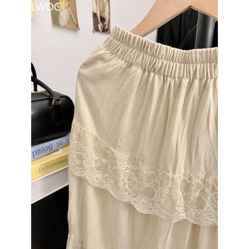 レイヤードレーススカート ロマンチックデート キュートガールズ オールマッチ服 女性 秋 春 透かし彫り フリル ブラックレース ロングマキシスカート