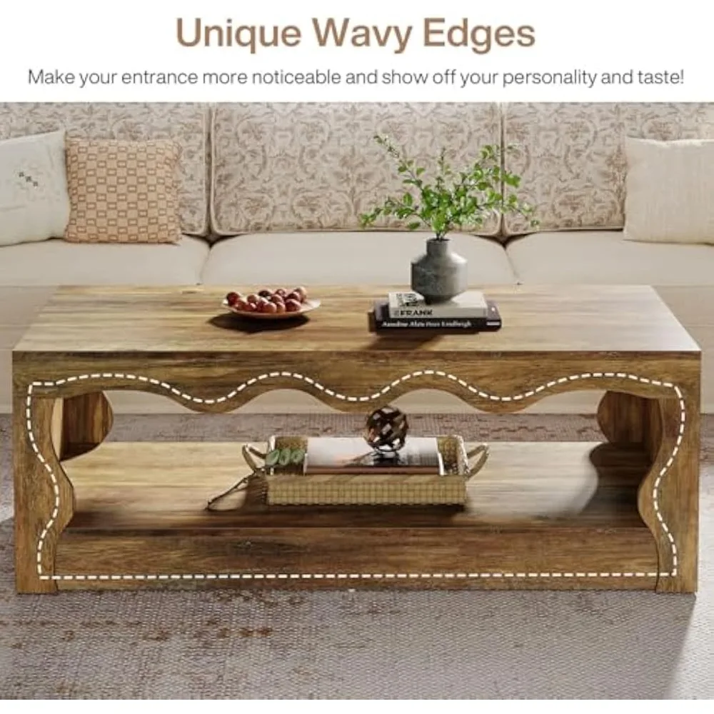 Mesa de centro retangular estilo fazenda, 47,24 polegadas, peça central de madeira de 2 camadas para sala de estar