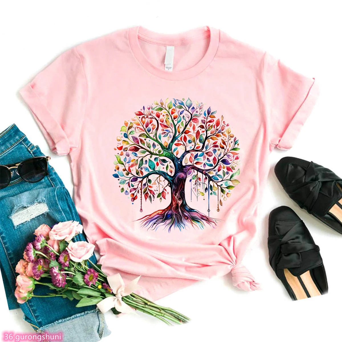 Watercolor Tree Of Life Shirt,  Fashion Women Tshirt ,Family Reunion Shirt,summer Femme Tshirt Pink Short Sleeve Tops Wholesale