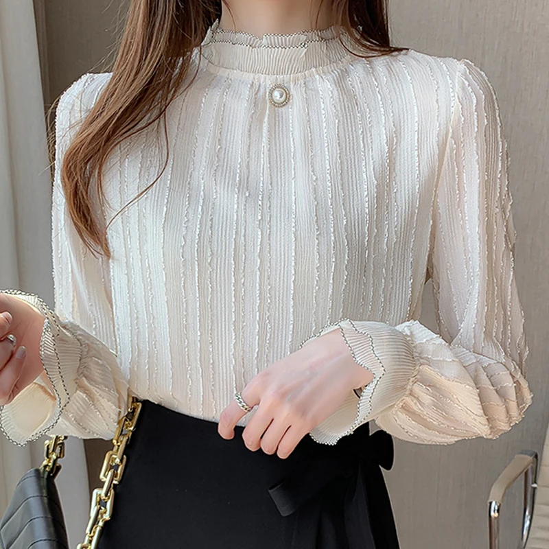 Autumn Women Stand Collar Lace Chiffon Blouse Shirt Tops Long Sleeve Blouse Women Blusas Mujer De Moda 2024 Blouses Female E127