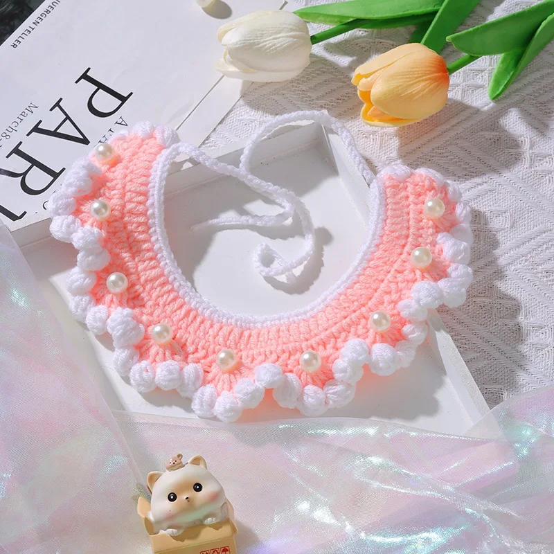 Hand Woven Crochet Scarf Necklace for Cats Designer Candy Color Solid Pet Dog Neck Accessories Warm Winter Chihuahua Collar Bibs