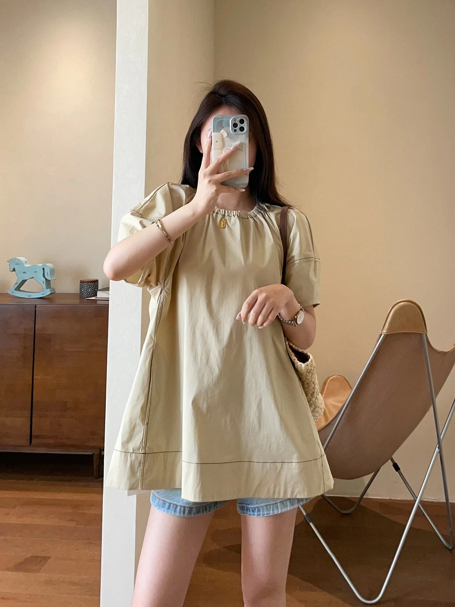 

WTHEONE Faionable Youthful Princ Cotton Plain round Ne Bubble Sve irt Dstring Waist Summer 2025 Women's irt