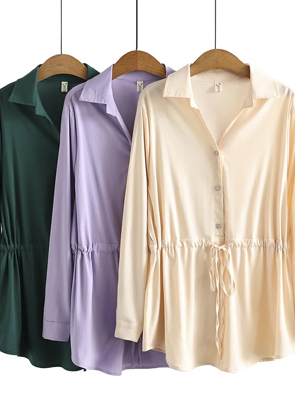 

Fashionable plus Size Women's Shirt Drawstring Waist Slimming Midi Length Casual Style Long Sleeve Autumn Ladies' Top