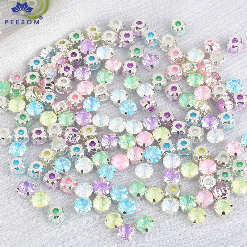 PEESOM 8mm 100szt Jelly Opal Color Round Sew On Crystal Rhinestone Sliver Claw Setting Flatback Glass Stone with Hole for Sewing