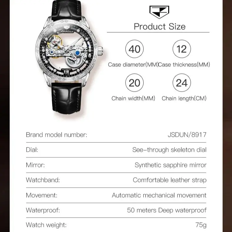 JSDUN-ساعة ميكانيكية أوتوماتيكية للرجال ، مرآة ياقوت ، مقاومة للماء ، حزام جلدي ، كلاسيكي ، أنيق ، علامة تجارية فاخرة ، أزياء