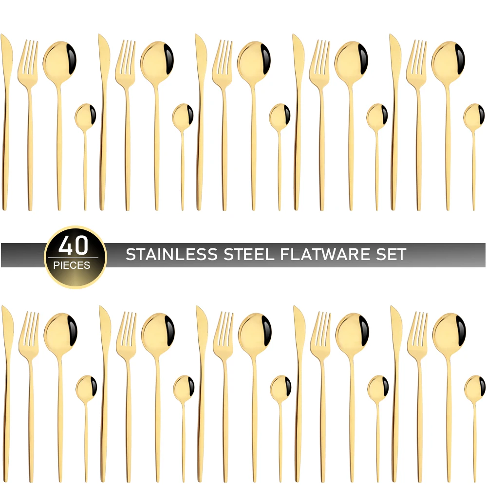 

40Pcs Mirror Stainless Steel Dinnerware Gold Knife Fork Spoons Teaspoon Cutlery Set Western Restaurant Kitchen Silverware Set