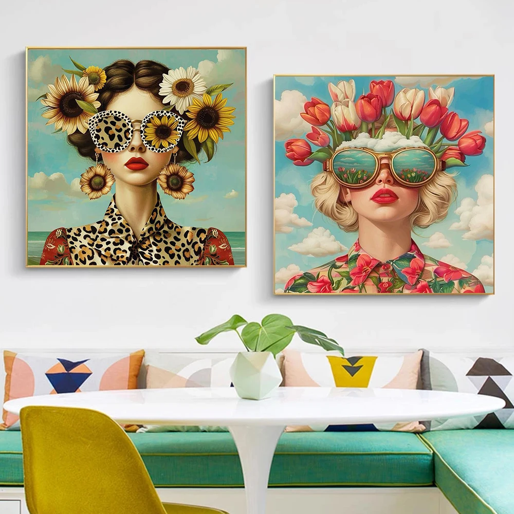 Fantasy Colorful Flower Girl Poster Prints For Living Room Home Decor Surrealism Woman Portrait Canvas Painting Wall Art