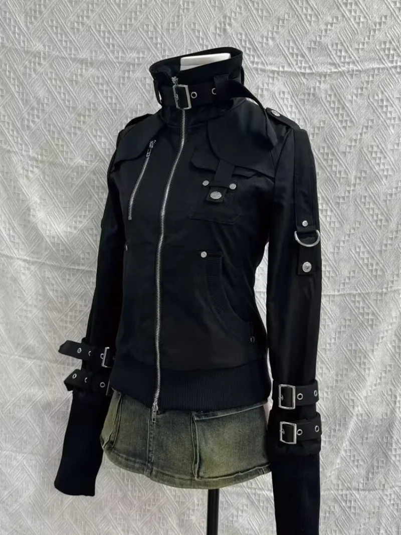 Retro-Gothic-Stil-Jacken für Damen, japanisches cooles Schwarz, Stehkragen, Motorradjacken, 2025, Herbst, neue Harajuku-Kleidung