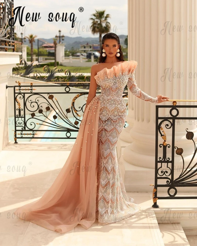 

Chic Full Pearls Party Dress With Side Train for Women 2023 Elegant Champagne One Shoulder Evening Night Gowns Vestido De Noiva