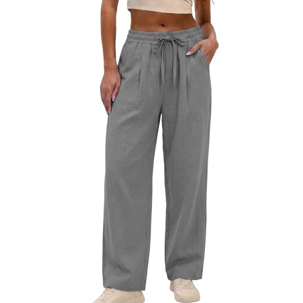Neue Damen-Baumwollhose mit weitem Bein, lässige, lockere, hochtaillierte lange Hose, weiche Jogginghose, Baggy-Sweatpants mit Kordelzug für Sport. – Detail 7