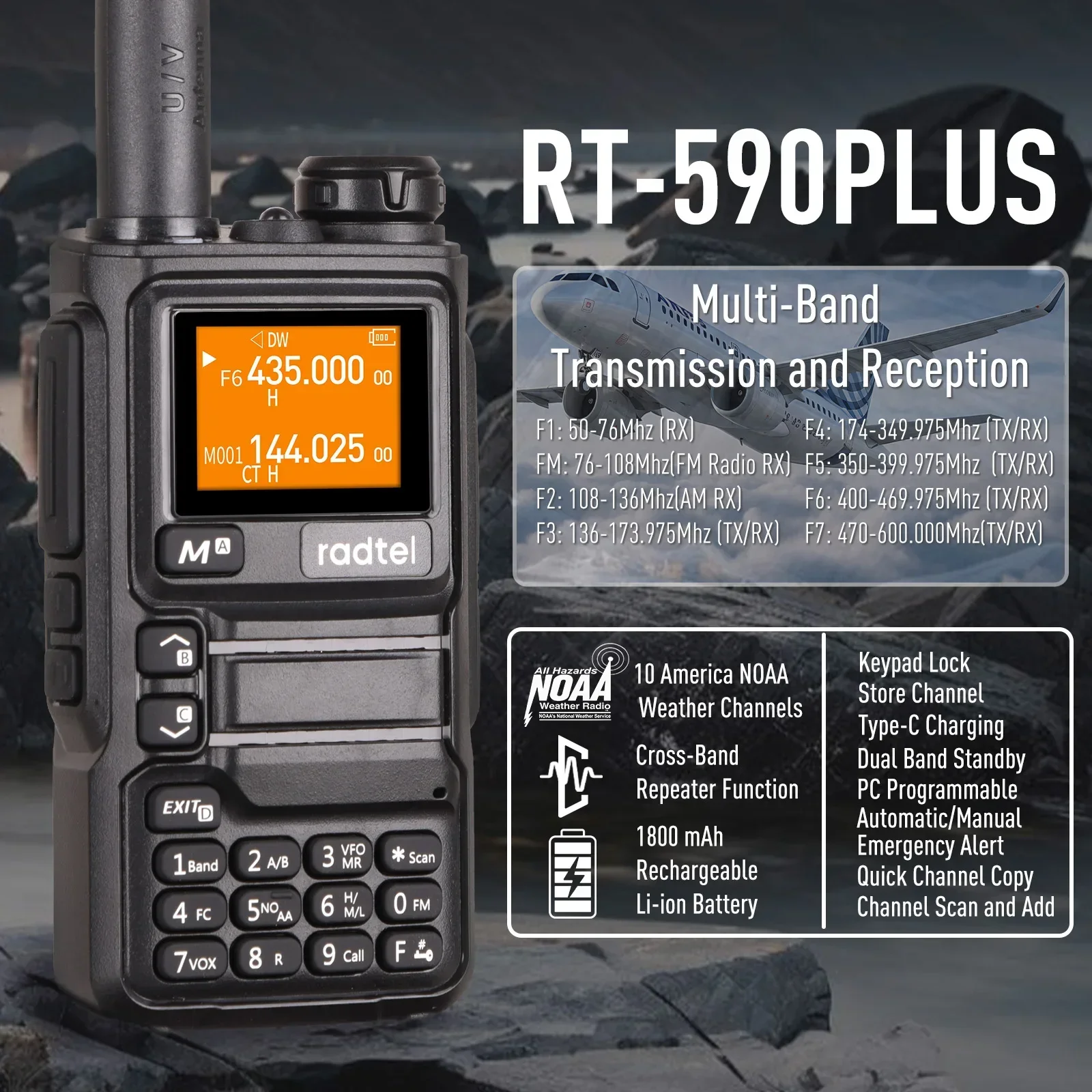 Radtel RT-590 Plus Air Band Walkie Talkie Amateur Ham Two Way Radio Station UHF VHF 200CH Full Band with NOAA Channel AM Satcom