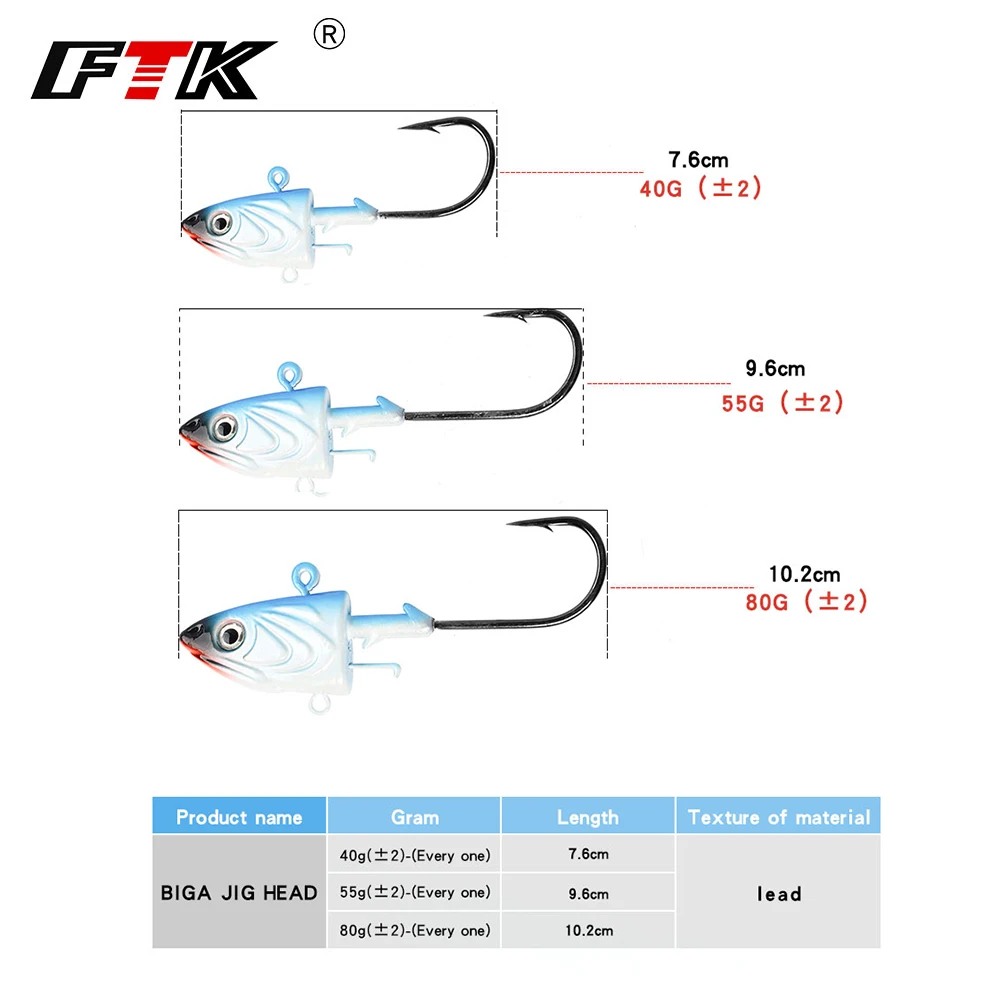 FTK 2pcs/lot 40g 55g 80g crank Jig head hook fishing hook head Jig lure hard bait soft worm jig hook for fishing