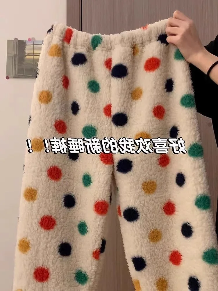 

plus Size Women's Home Pants Polka Dot Fleece Lined Straight Leg Thickened Autumn Winter Comfortable Wide Leg Trousers