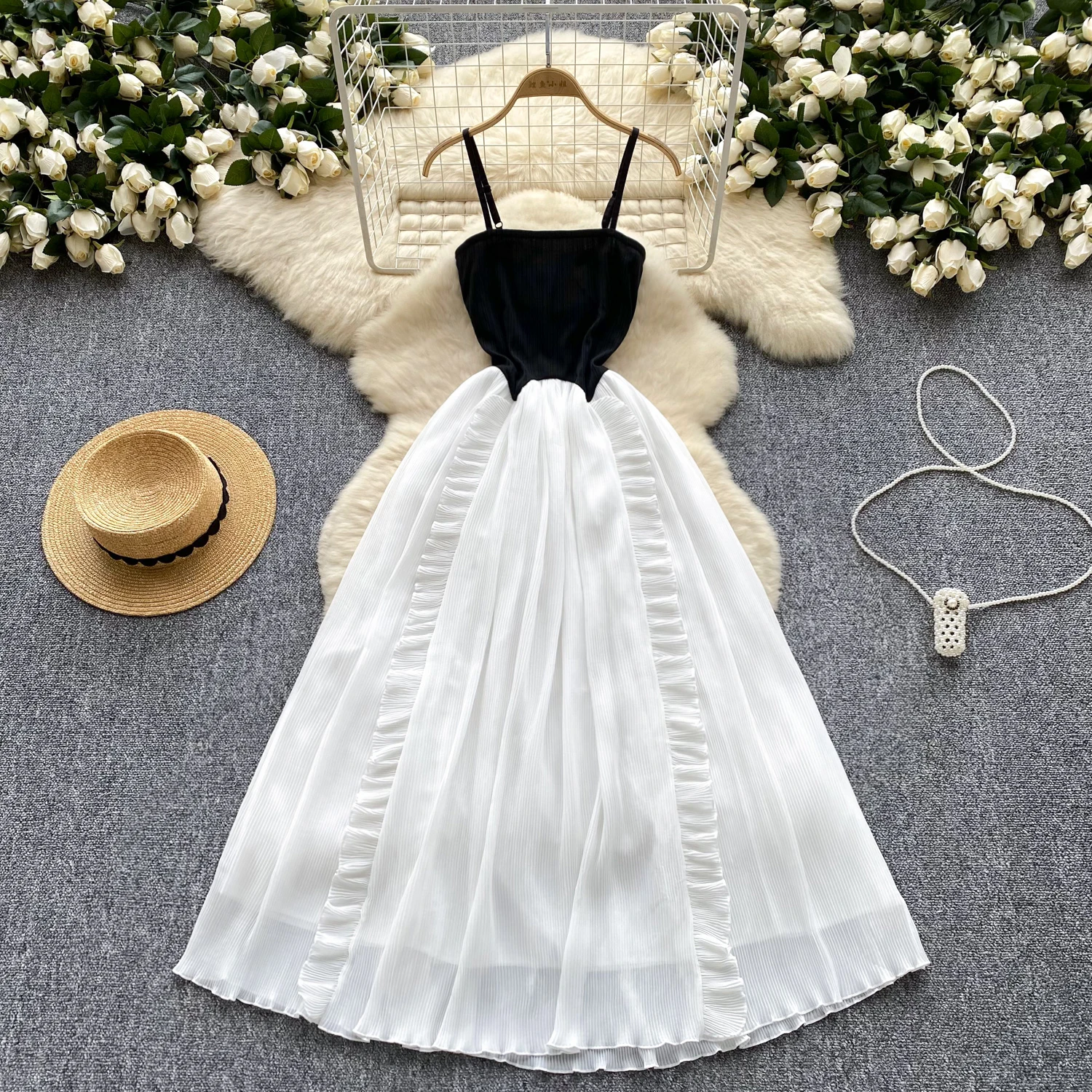 Elegant Sexy PATCHWORK chiffon slip Dress Summer Beach Edible Tree Fungus Slim Women sweet dresses