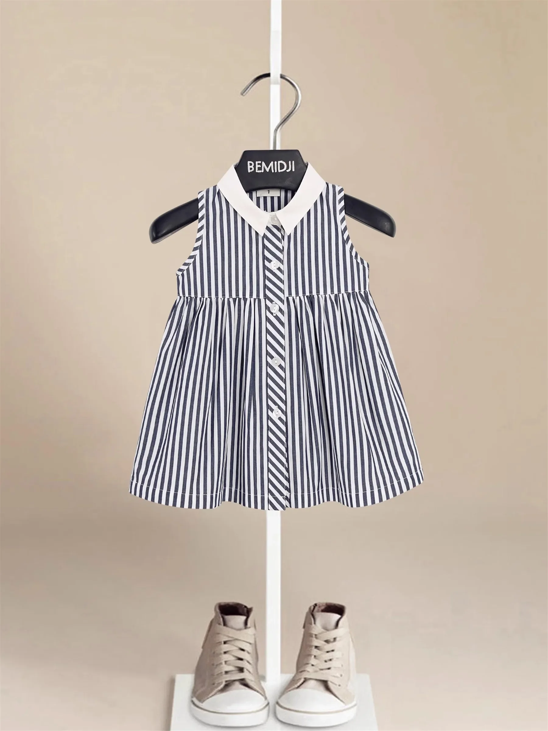 Female Child Clothes Girls Dresses Summer Dress School Sundress Elegant Navy Bluey  Cotton Kids Shirt Striped Vest Sleeveless