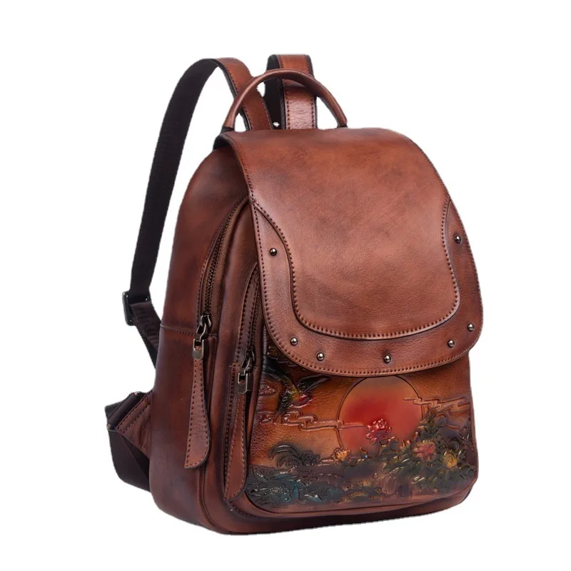 Retro Genuine Leather Backpack Women Handmade Embossed Vintage Bag Chinese Style Ladies Cowhide Backpack