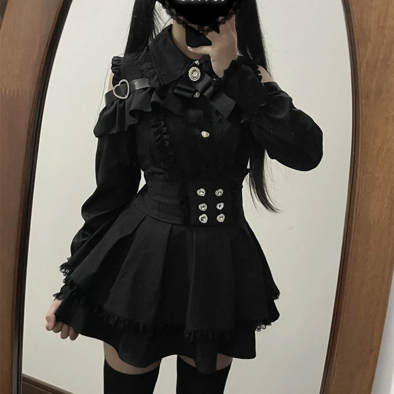 

2024 Japanese Black Short Skirt Set Gothic Ruffle Mini Skirts Sexy Lace Off Shoulder Lolita Shirt Gown Faldas Y2k Aesthetic Suit