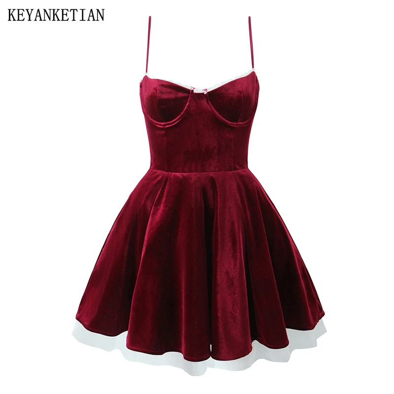 Keyanketian 2025 novo feminino em camadas rendas retalhos veludo deslizamento mini vestido sexy clube vintage cinta de espaguete magro vestidos inchados