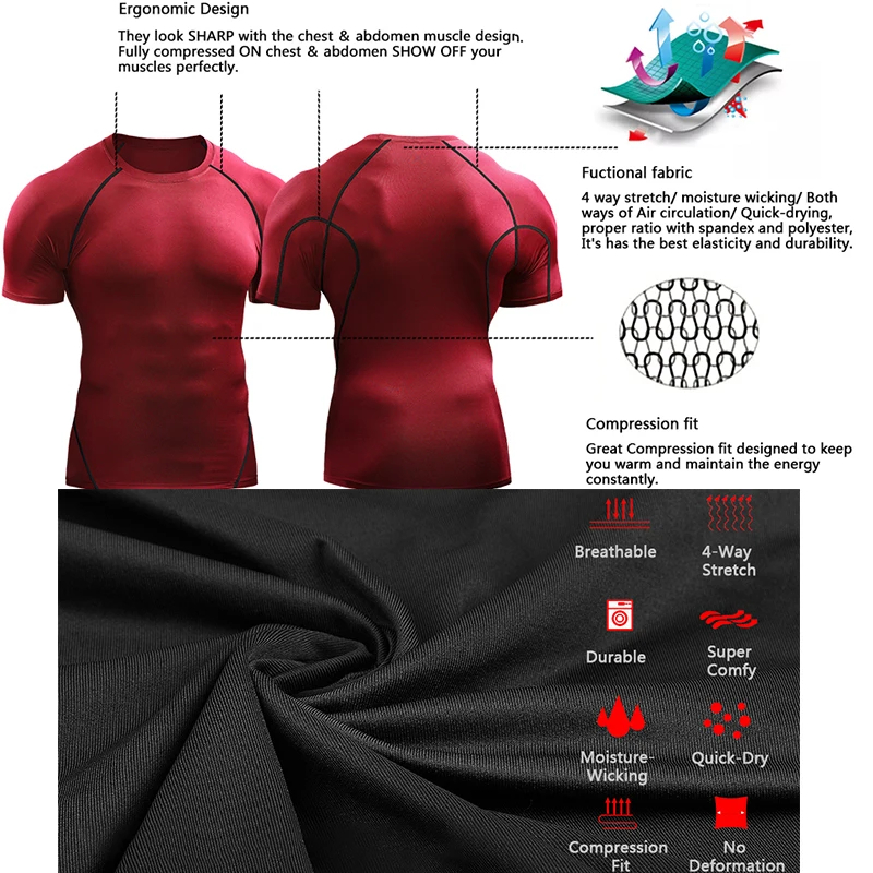 2026 Kompressions-T-Shirt für Herren Sommer Sportbekleidung Lauf-T-Shirt Elastisch Schnelltrocknend Sport-Oberteil T-Shirt Athletik Fitness Workout Shirts für Männer – Detail 7