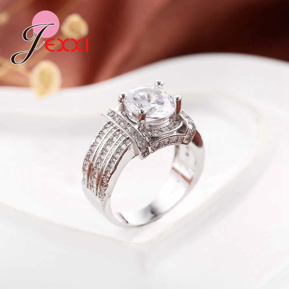 New Women Clear Crystal Wedding Rings 925 Sterling Silver Rhinestones Engagement Anillos Bijoux Bague Femme