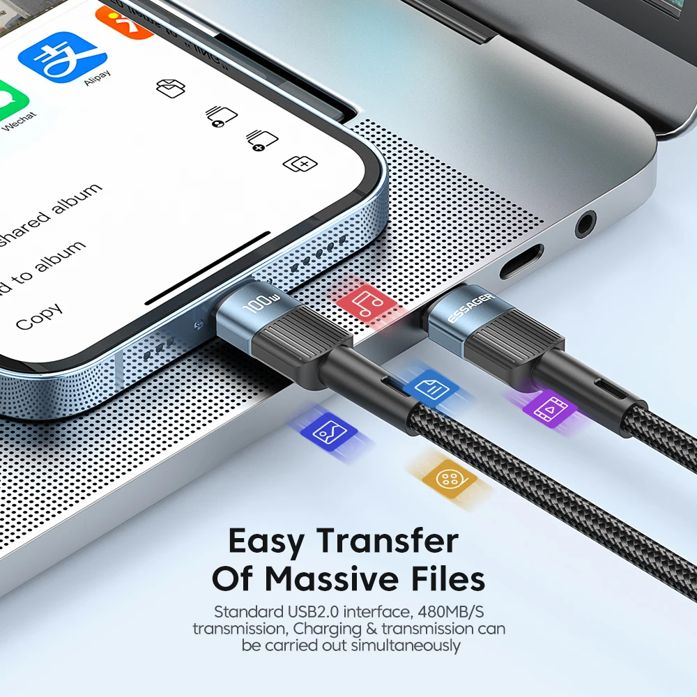 Essager usb tipo c para usb c cabo pd100w 60w cabo de fio carregador de carregamento rápido para xiaomi 12 samsung huawei macbook realme poco f3