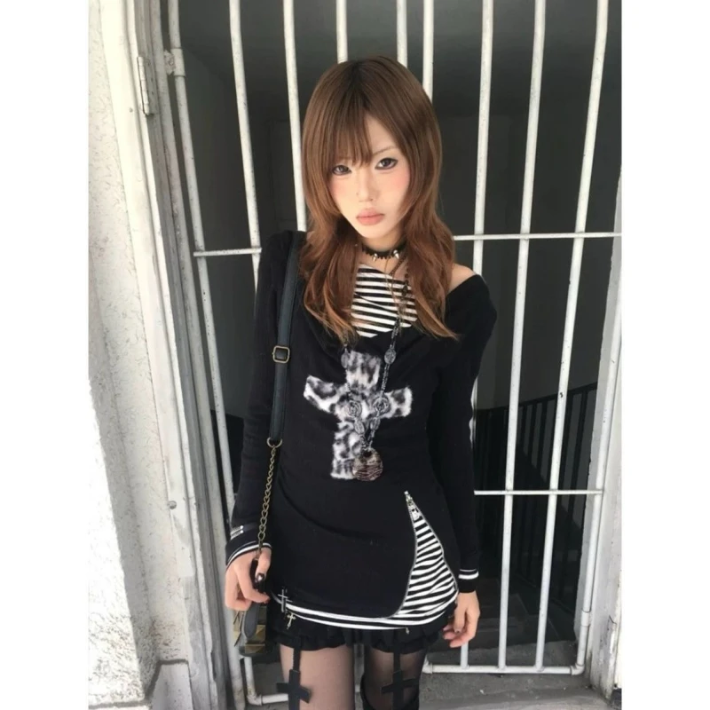 

Винтажная футболка в стиле панк Y2k, полосатый лоскутный топ с длинными рукавами, уличная одежда, искусственный облегающий костюм из двух предметов, осень 202, осень