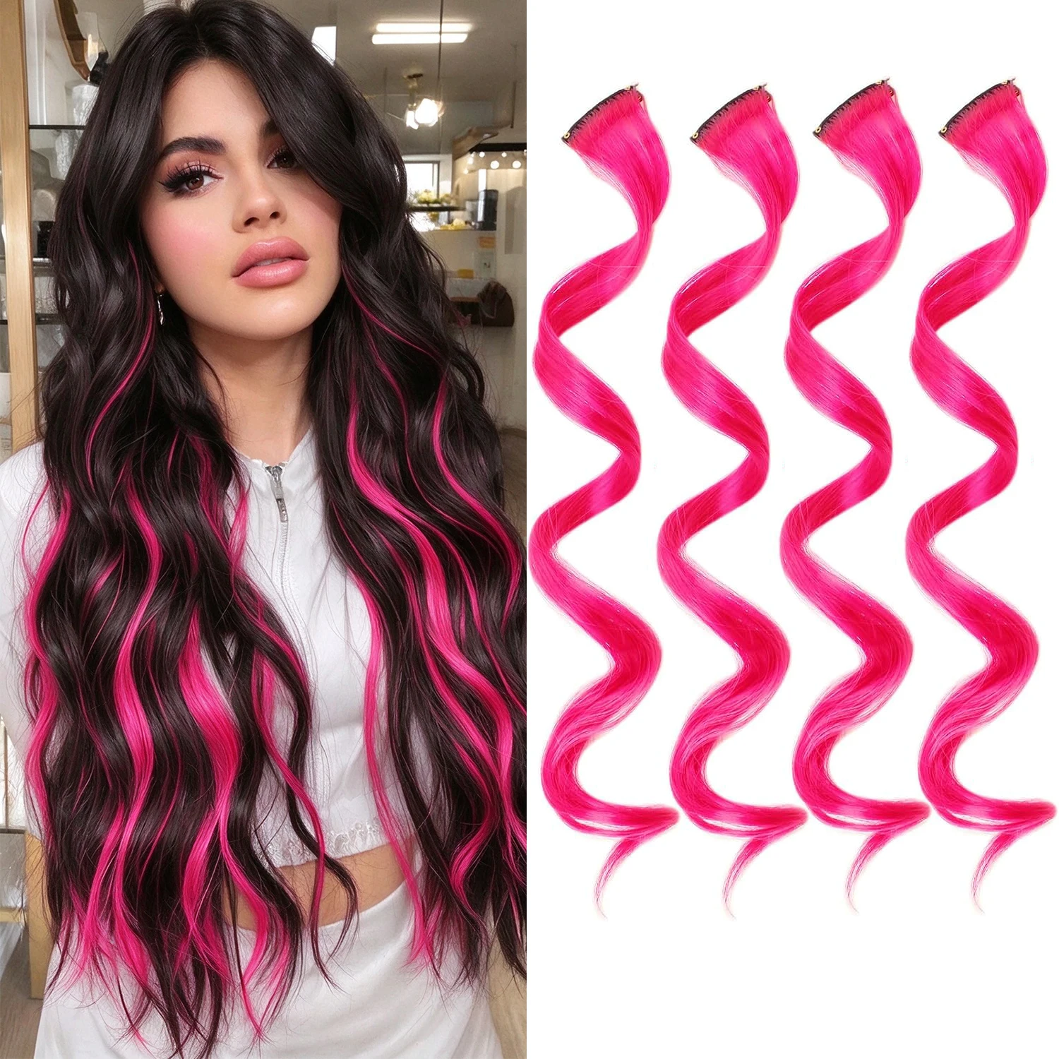 5 Pack Hot Pink Hair Extensions, Clip-in Curly Hair Accessories Gift, 18 In  Colored Party Wavy Hairpiece for Women Synthetic