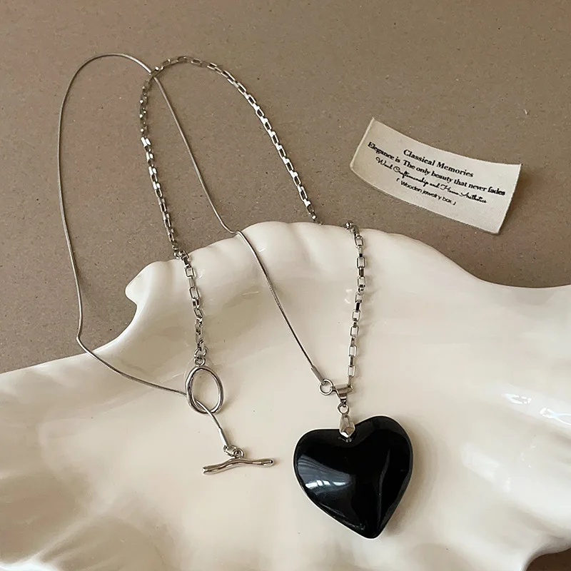 Minar na moda transparente vermelho preto amarelo vidro coração pingente colares para mulheres prata oco link corrente alternar fecho gargantilhas