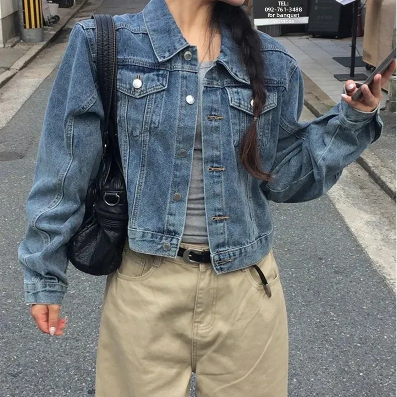 Washed Short Denim Jacket Women Early Autumn Turn-down Collar Single Button Loose Shoulder Casual Retro Jacket