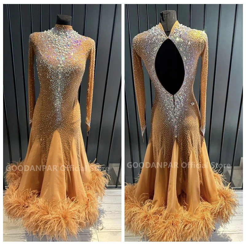 GOODANPAR nouvelle robe de danse de salon Standard femmes filles Costume Lycra valse scène plume d'autruche couleur café