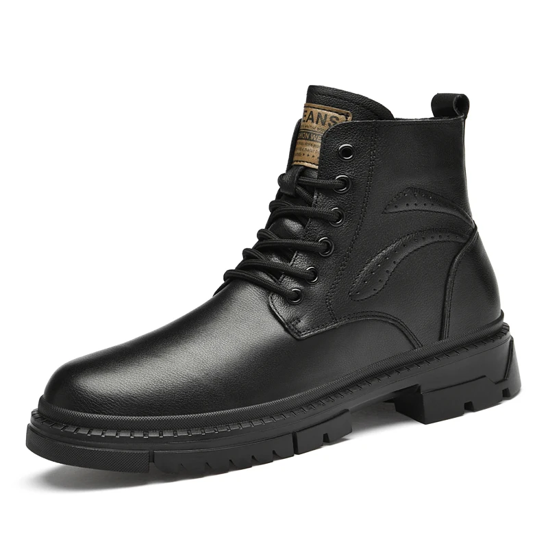Men's Black Leather Boots Side Zipper Lace-Up Ankle Boots Non-Slip Platform Combat Boots for Casual Work Outdoor Big Size 49 50