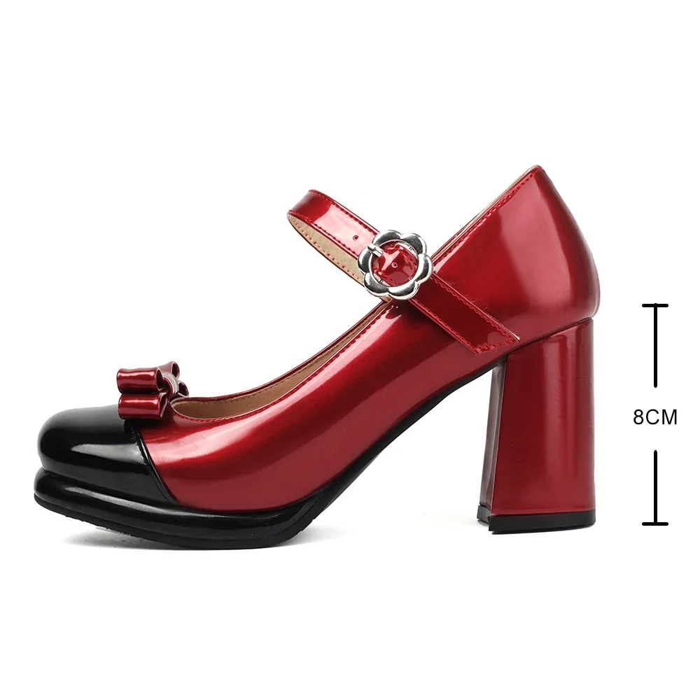 Woman\'s Block Heel Classic Lolita Shoes Cute Bow Tie Strap Buckle Vintage Mary Jane Shoe Patent Leather Platform Pumps Plus Size