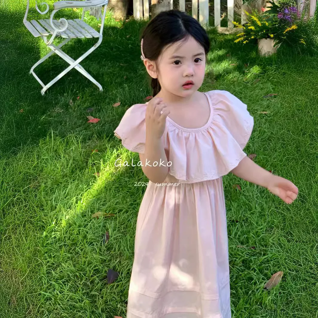 Girls Skirts 2024 Summer New Childrens Clothes Pink Holiday Style Ocean Air Lotus Collar Dress Casual Simple and All-match