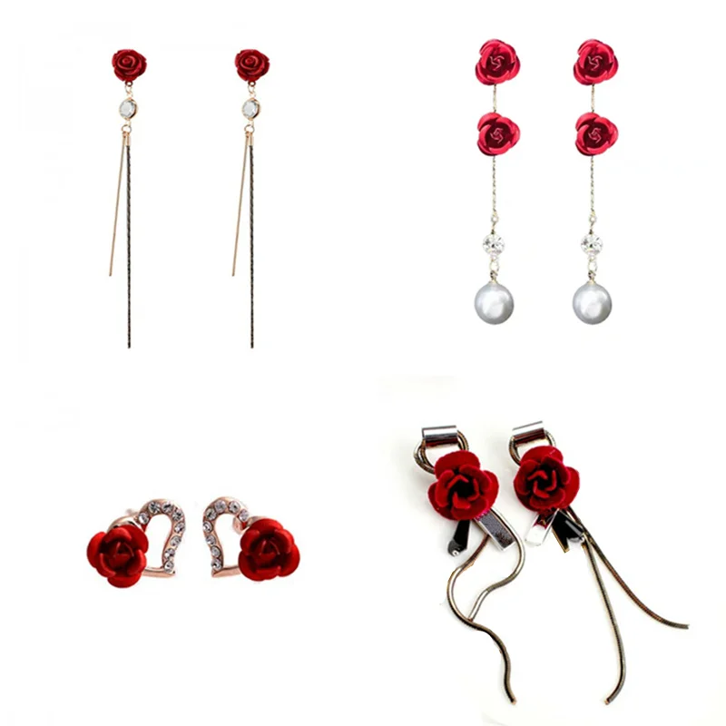 Red Rose Earrings Rhinestone Flower Earrings Autumn And Winter Wild Long Tassel Earring For Women Wedding Jewelry Accessories