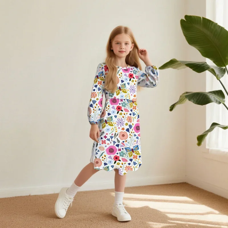 

2025 New Girls' Floral Butterfly Print Long Sleeve Dress - Cute Casual A-shaped Dress, Kids Clothing Suitable for Kids&Toddlers