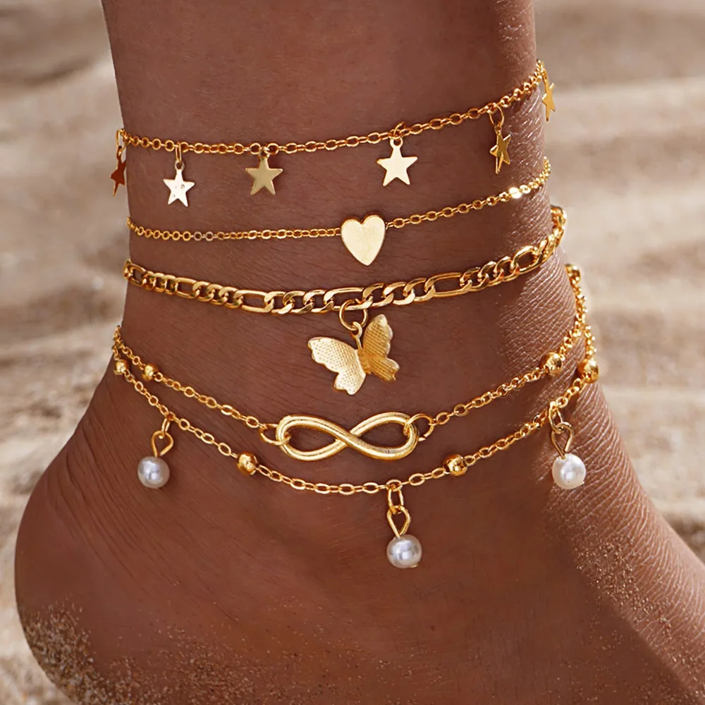 Bohemia Gold Color Snake Ankle Bracelet Set For Women Butterfly Key Lock Charm Multiple Styles Anklet Chain On Leg Boho Jewelry