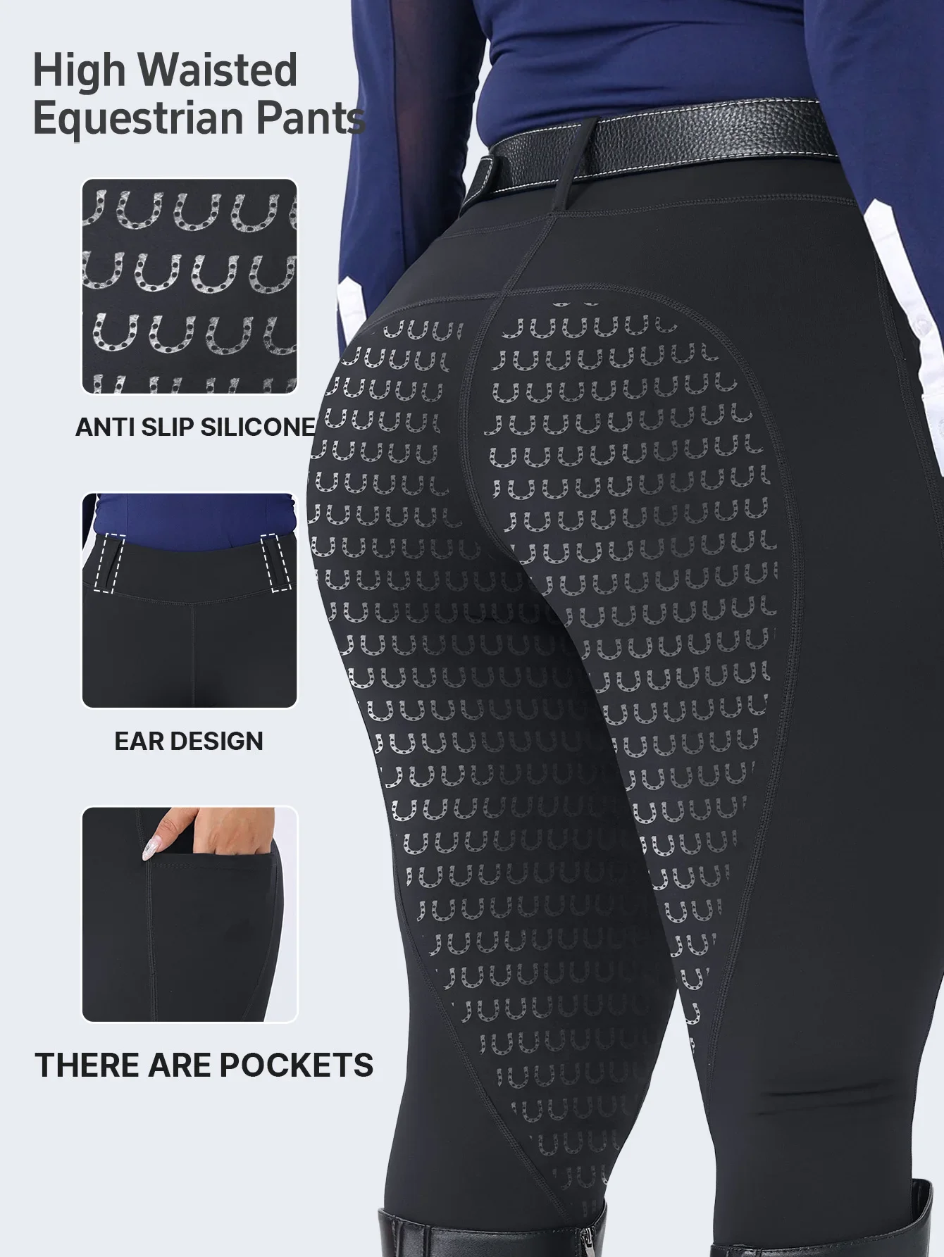 Women Plus Size High Waist Equestrian Breeches, Full Seat Silicone Anti-slip, Quick Dry, High Stretch Slim Fit, With Pockets