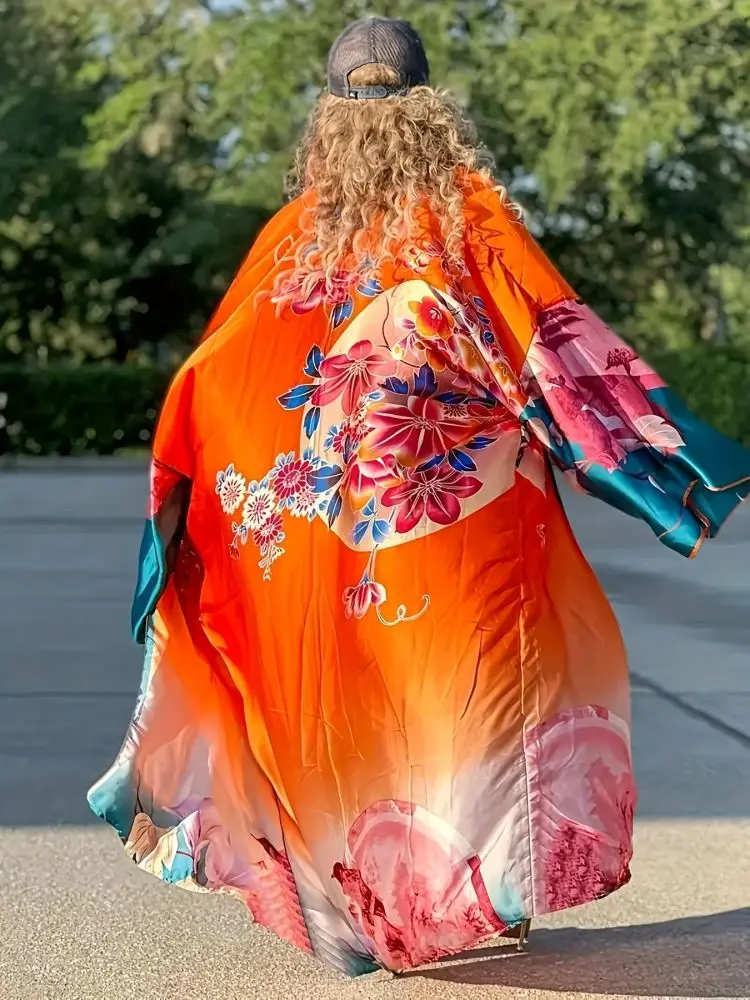 Sweter rozpinany z nadrukiem kimono w nowym stylu z sztuczny jedwab nadrukiem w stylu casual cape plus size