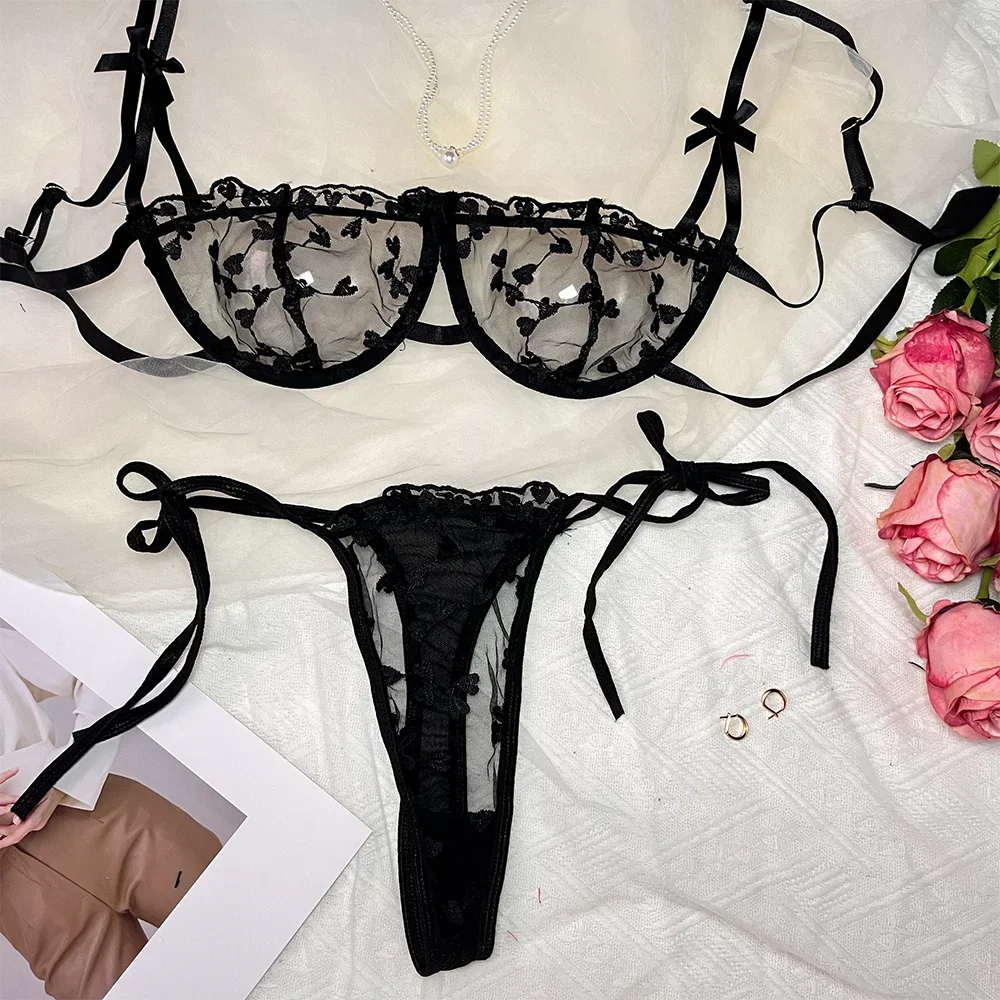 Exotic Set Bra Brief Set Sexy Bra Sets FOr Women Strap Lingerie Lace Embroidery Heart-shape Fairy Seamless Underwear See Through