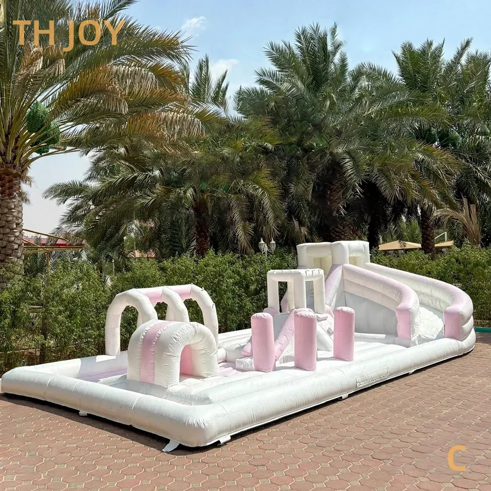 fast air shipping to door, 20x13ft 6x4m inflatable splash pad toddlers bouncy house, white pastel pink bounce water slides