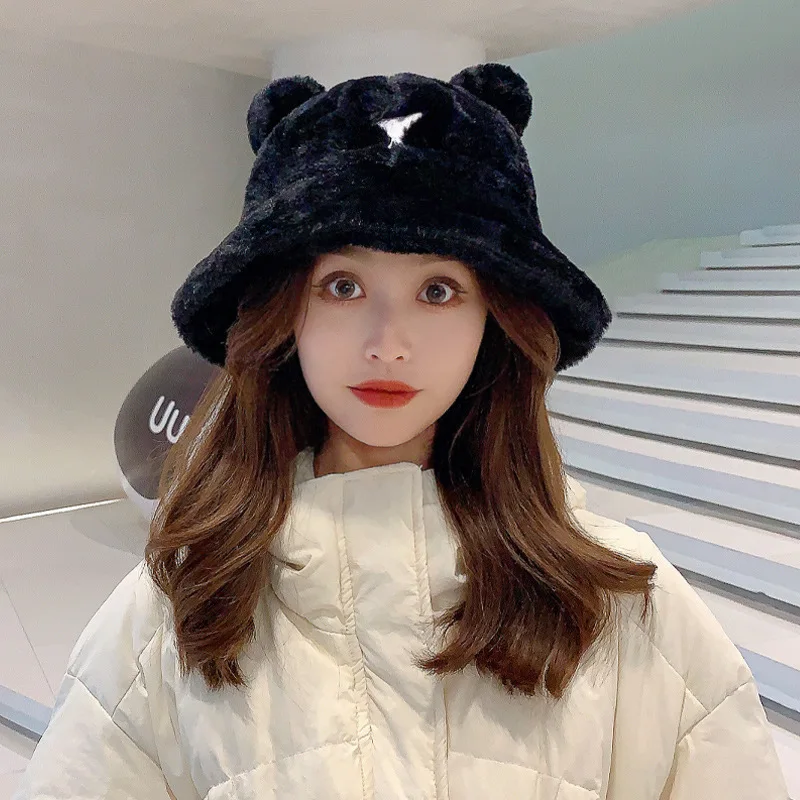 Fuzzy Bucket Hat for Women Winter Fluffy Furry Plush Faux Fur Caps Cute Girl's Hat