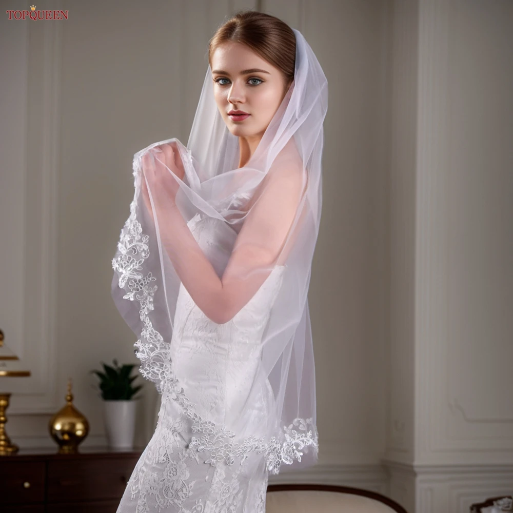 TOPQUEEN V47 Handmade Lace Bridal Veil With Comb, Tulle Fan-Shaped Lace, Cathedral Wedding Veil, High Quality